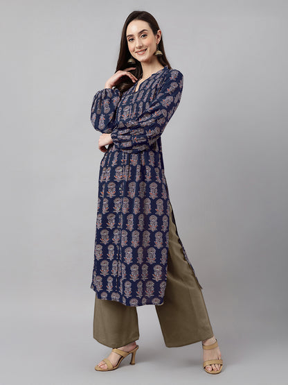 Navy Blue Pure Cotton Floral Printed A-line Kurta