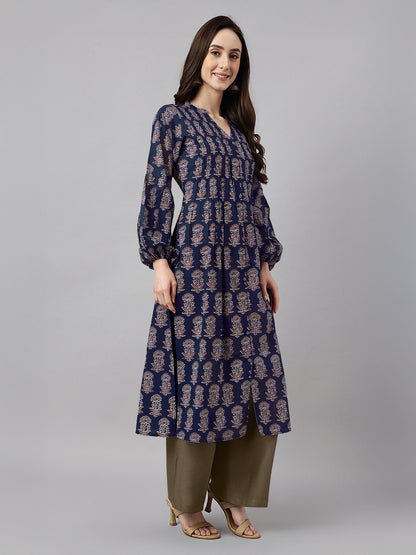 Navy Blue Pure Cotton Floral Printed A-line Kurta