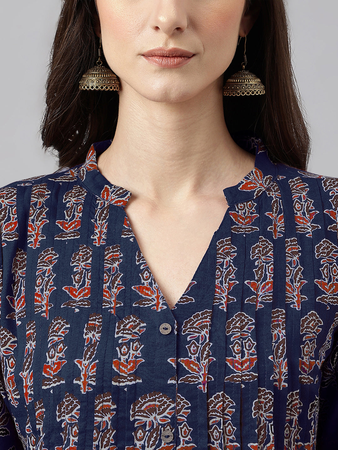 Navy Blue Pure Cotton Floral Printed A-line Kurta
