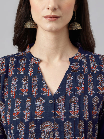 Navy Blue Pure Cotton Floral Printed A-line Kurta