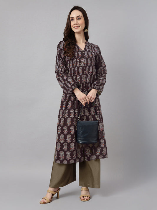 Janasya Women's Dark Brown Pure Cotton Floral Printed A-line Kurta