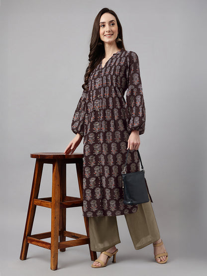 Janasya Women's Dark Brown Pure Cotton Floral Printed A-line Kurta