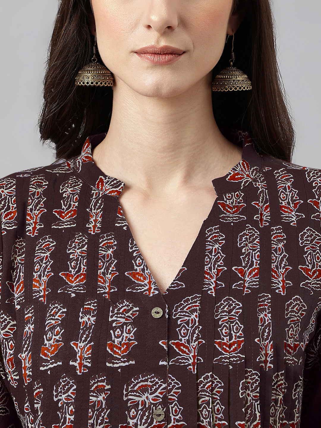 Janasya Women's Dark Brown Pure Cotton Floral Printed A-line Kurta