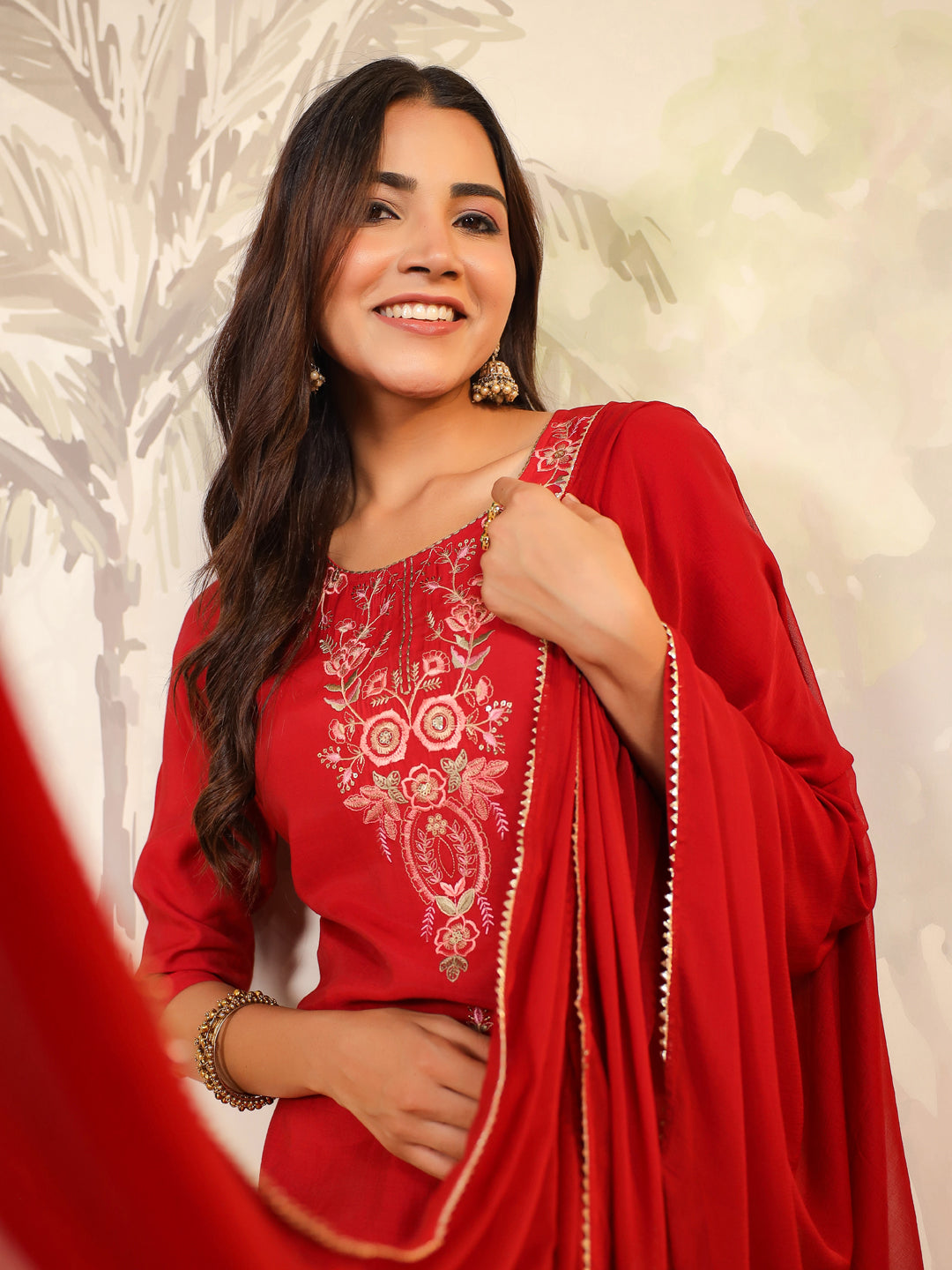 Maroon Chanderi Embroidered Straight Kurta Set