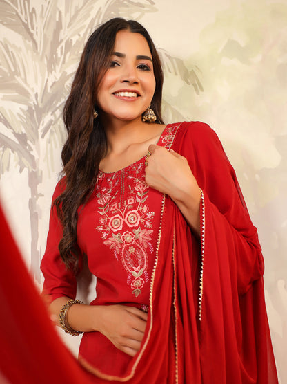 Maroon Chanderi Embroidered Straight Kurta Set
