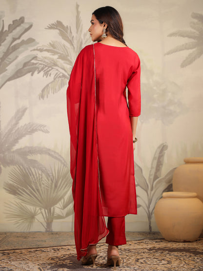 Maroon Chanderi Embroidered Straight Kurta Set