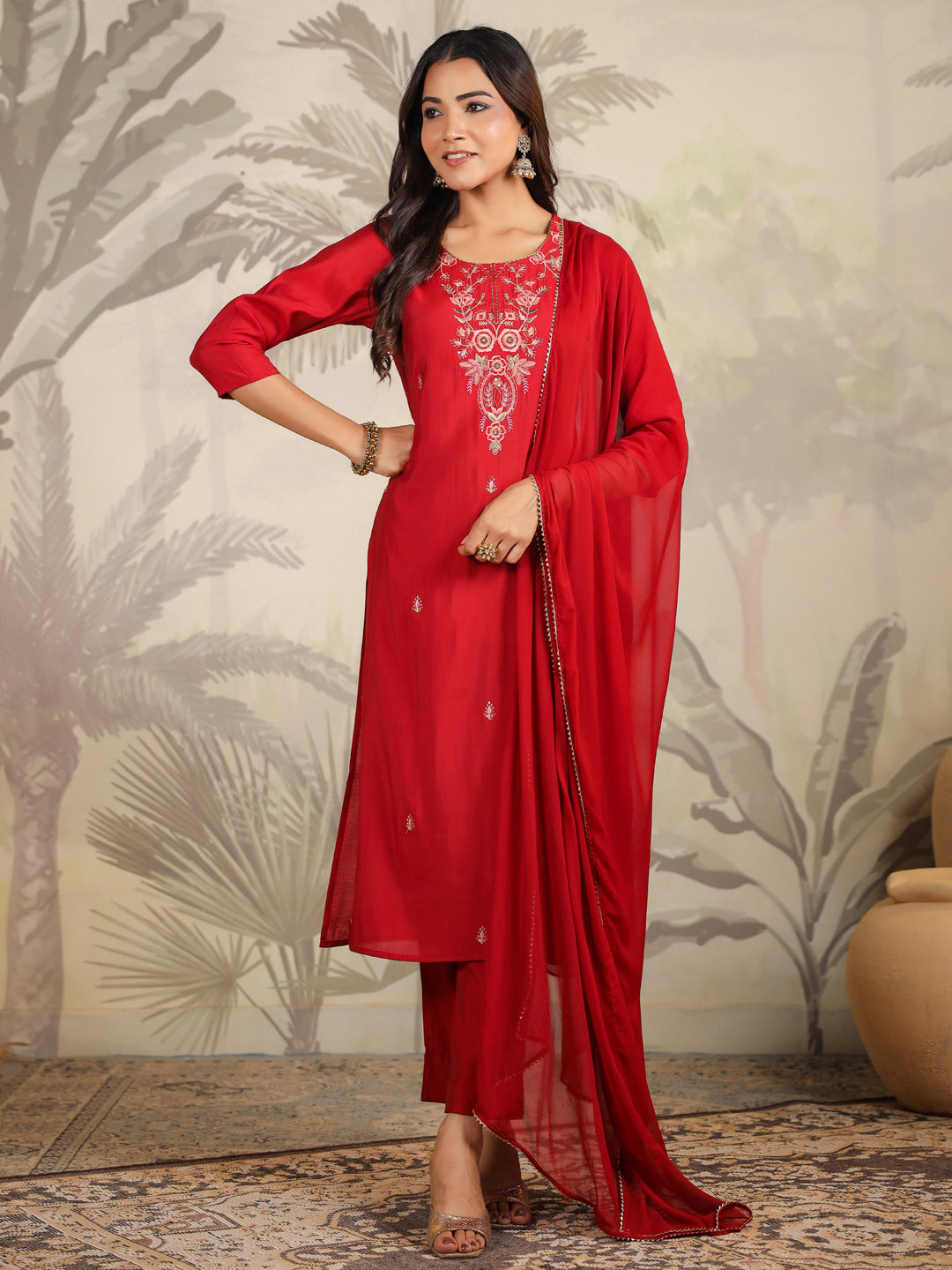 Maroon Chanderi Embroidered Straight Kurta Set