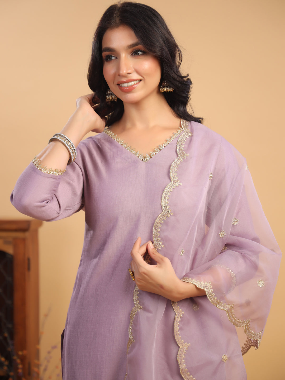 Lavender Silk Blend Emabellished Straight Kurta Set