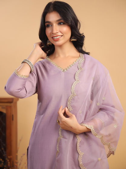Lavender Silk Blend Emabellished Straight Kurta Set