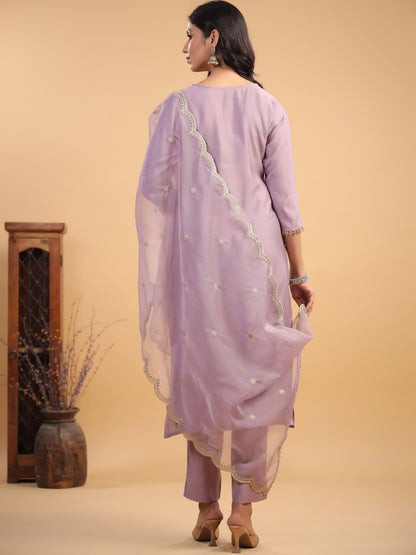 Lavender Silk Blend Emabellished Straight Kurta Set