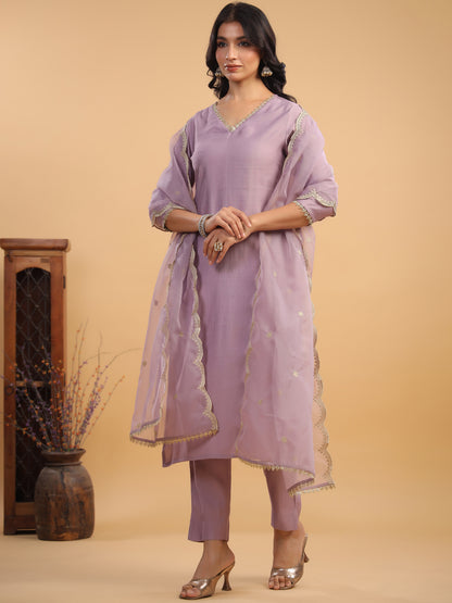 Lavender Silk Blend Emabellished Straight Kurta Set