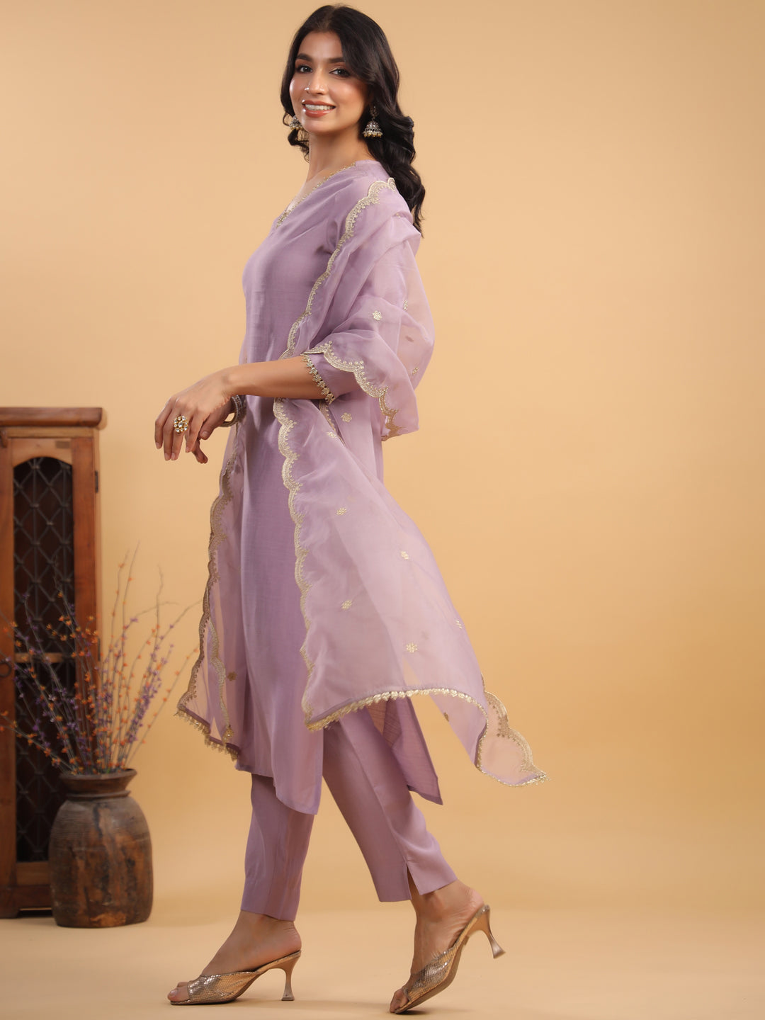 Lavender Silk Blend Emabellished Straight Kurta Set
