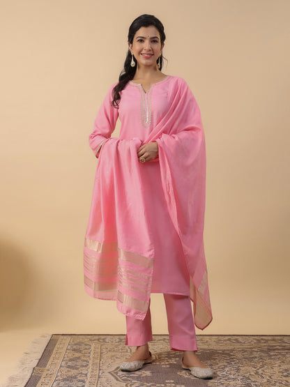 Baby Pink Cotton Blend Solid Straight Kurta Set