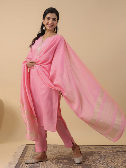 Baby Pink Cotton Blend Solid Straight Kurta Set