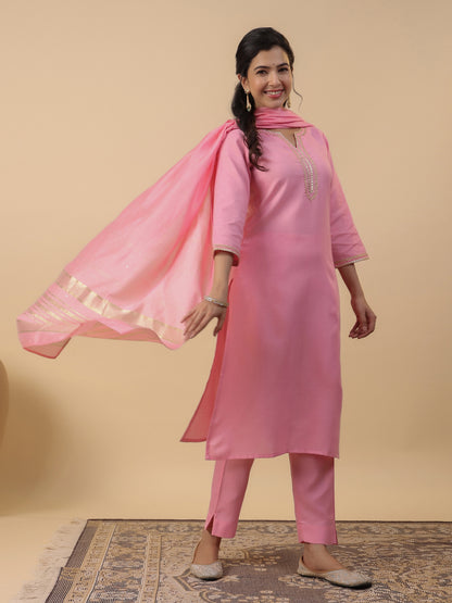 Baby Pink Cotton Blend Solid Straight Kurta Set