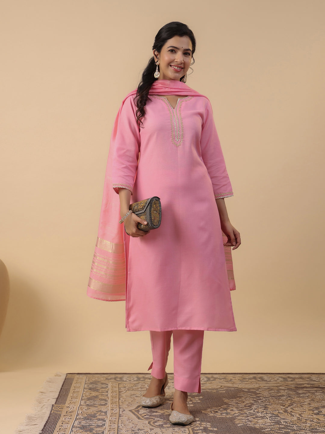 Baby Pink Cotton Blend Solid Straight Kurta Set