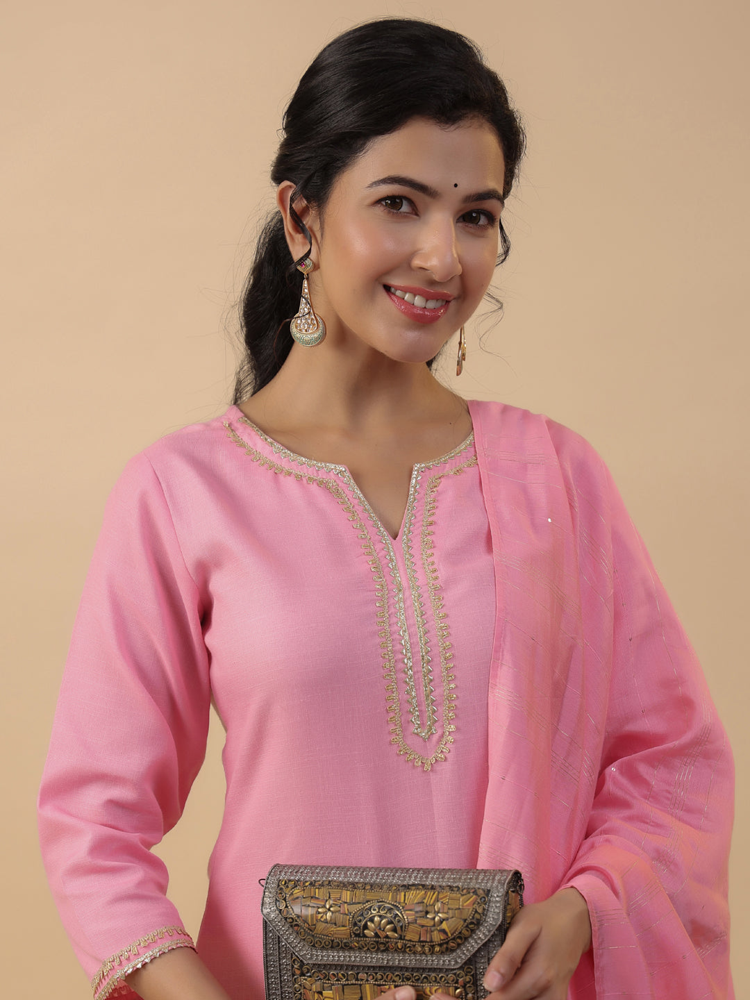 Baby Pink Cotton Blend Solid Straight Kurta Set