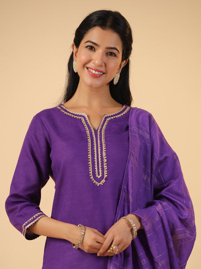 Purple Cotton Blend Yoke Design Straight Kurta Set