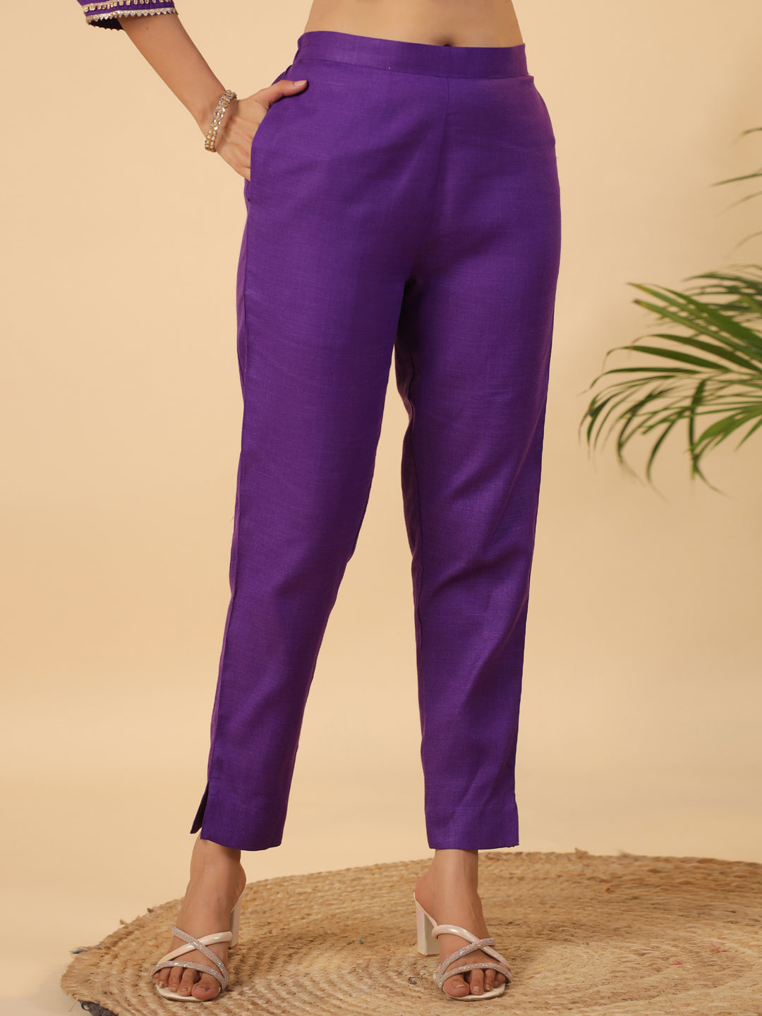 Purple Cotton Blend Yoke Design Straight Kurta Set