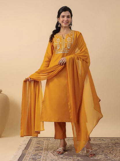 Mustard Cotton Blend Yoke Embroidered Straight Kurta Set