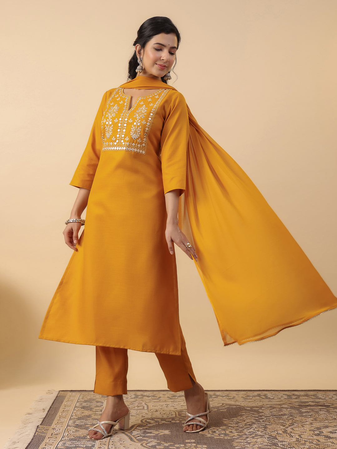 Mustard Cotton Blend Yoke Embroidered Straight Kurta Set
