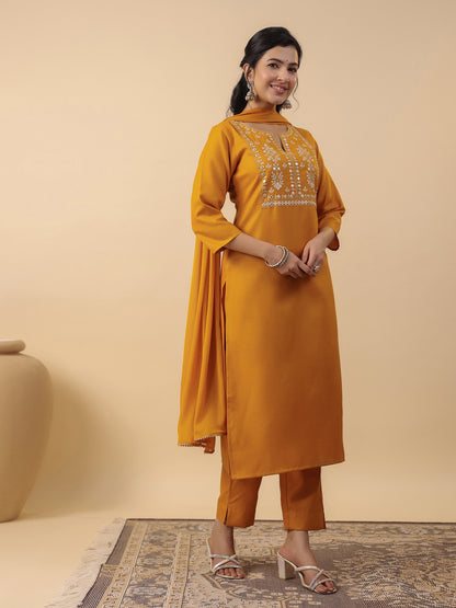 Mustard Cotton Blend Yoke Embroidered Straight Kurta Set