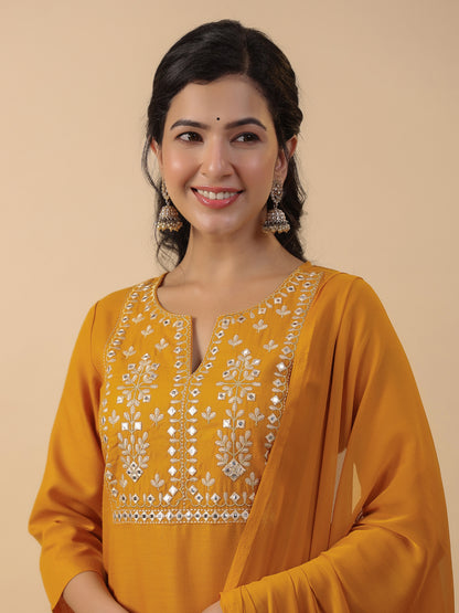 Mustard Cotton Blend Yoke Embroidered Straight Kurta Set