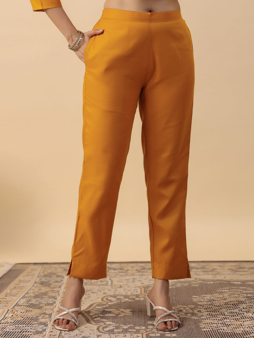 Mustard Cotton Blend Yoke Embroidered Straight Kurta Set