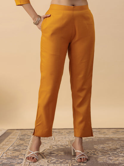 Mustard Cotton Blend Yoke Embroidered Straight Kurta Set