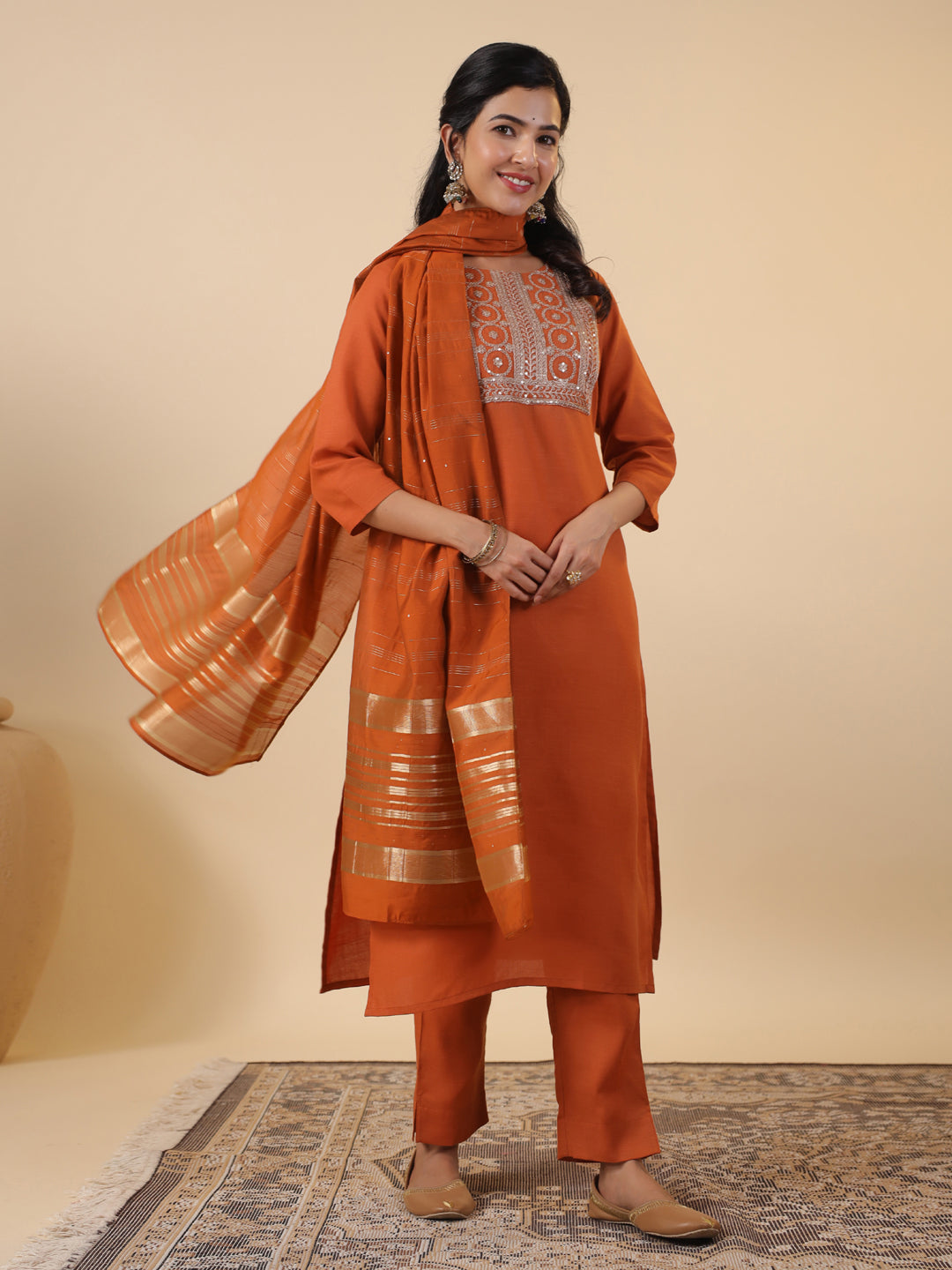 Rust Cotton Blend Yoke Embroidery Straight Kurta Set