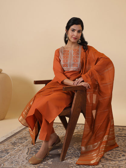Rust Cotton Blend Yoke Embroidery Straight Kurta Set