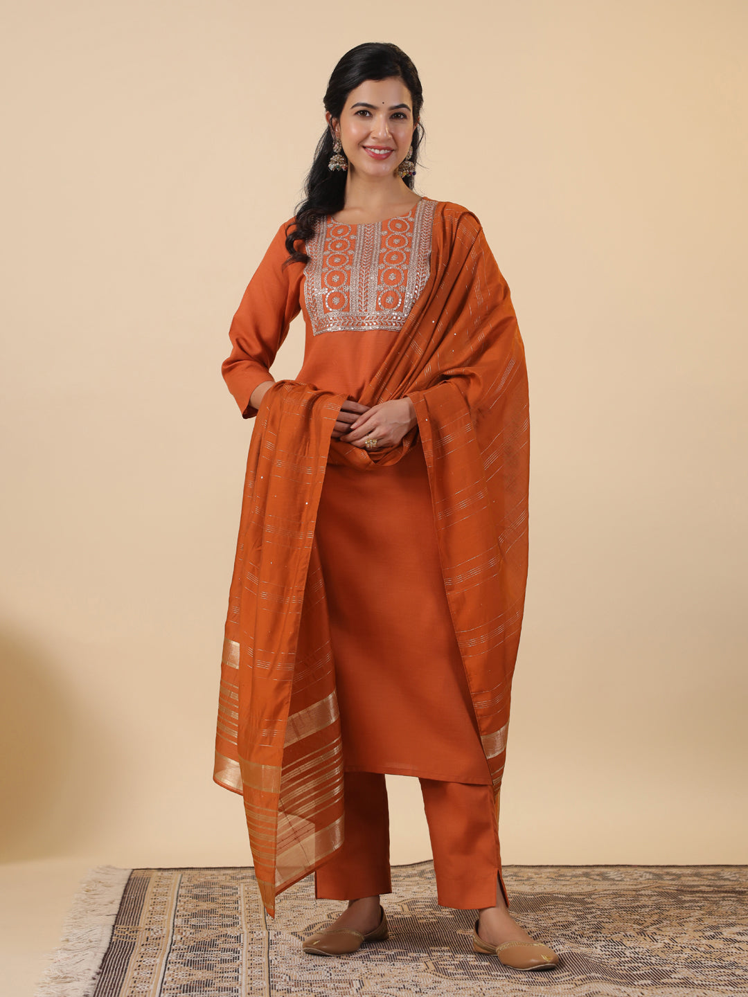 Rust Cotton Blend Yoke Embroidery Straight Kurta Set