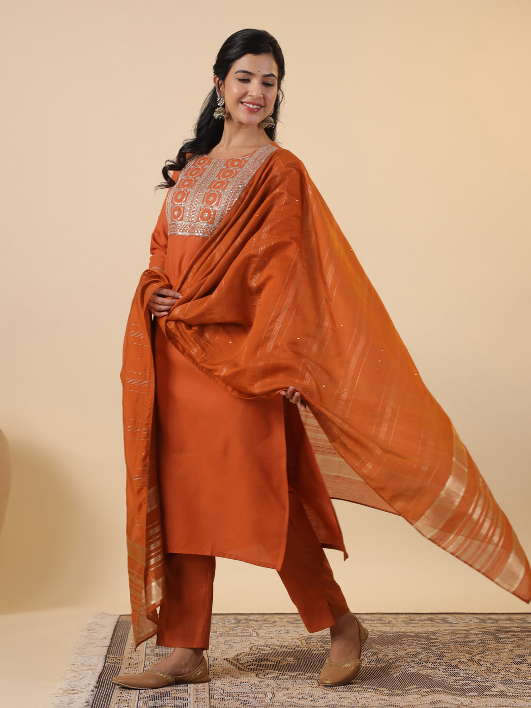 Rust Cotton Blend Yoke Embroidery Straight Kurta Set