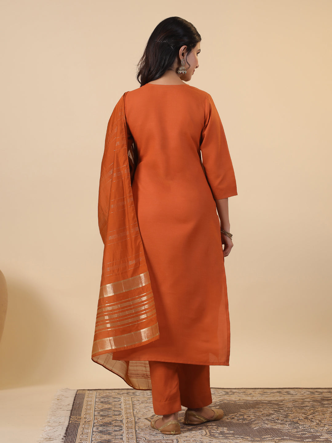 Rust Cotton Blend Yoke Embroidery Straight Kurta Set
