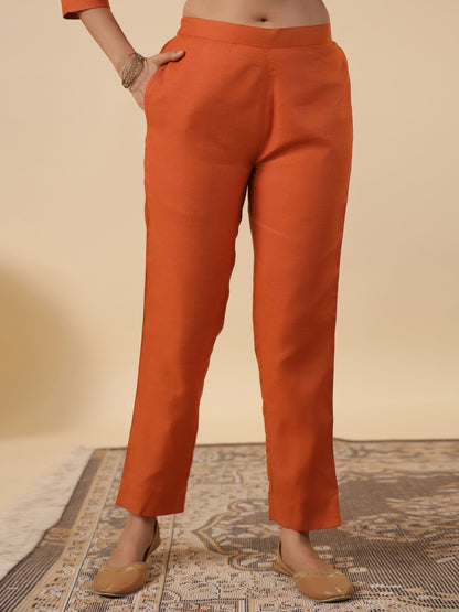 Rust Cotton Blend Yoke Embroidery Straight Kurta Set