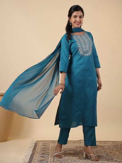 Teal Blue Cotton Blend Yoke Embroidery Straight Kurta Set