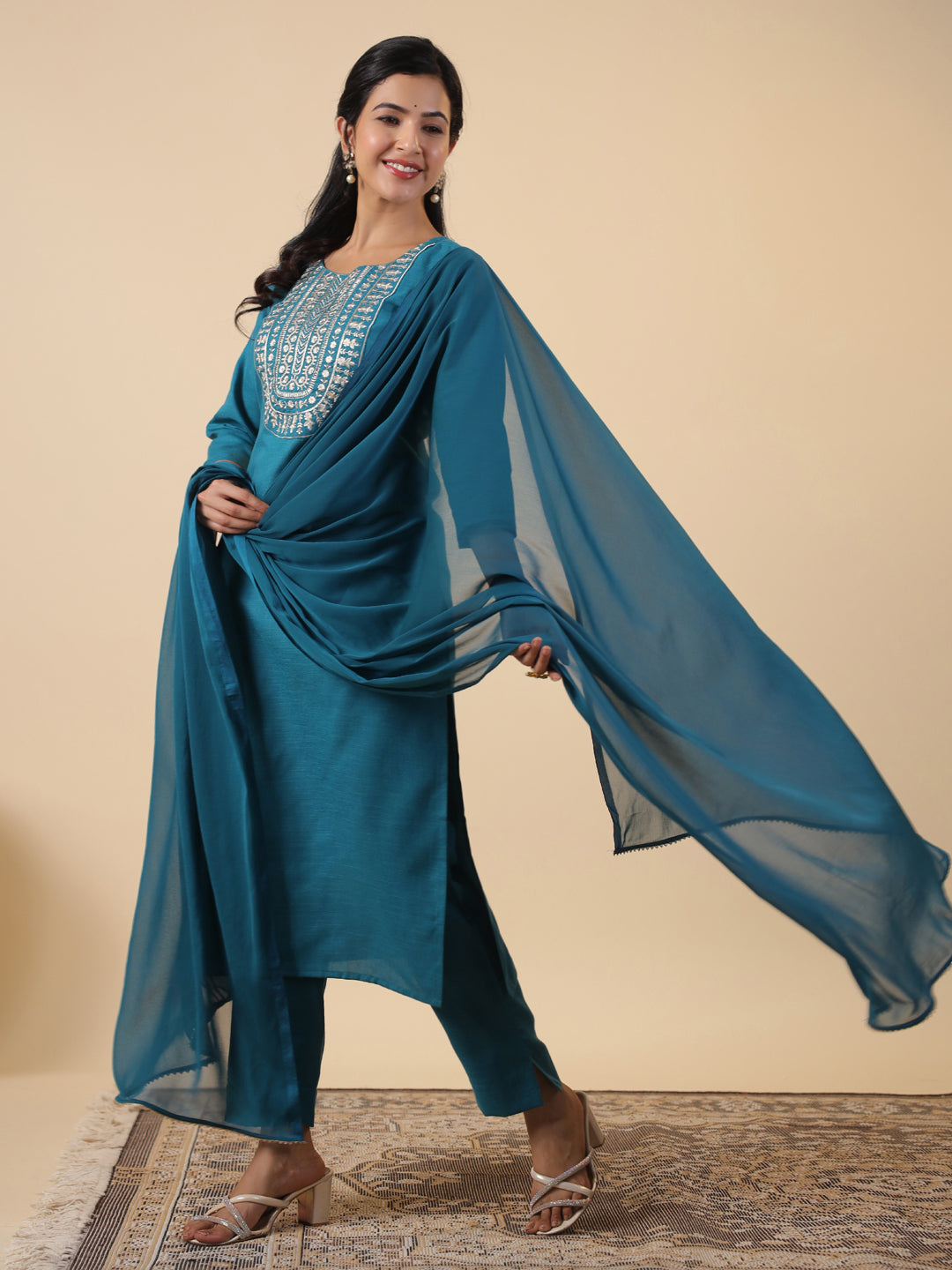 Teal Blue Cotton Blend Yoke Embroidery Straight Kurta Set