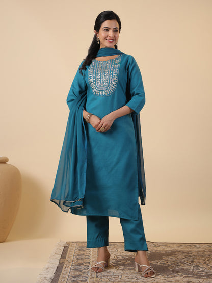 Teal Blue Cotton Blend Yoke Embroidery Straight Kurta Set