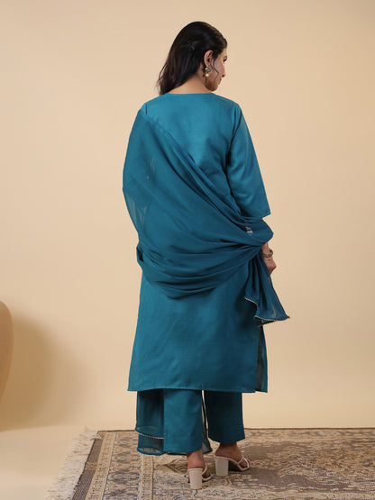 Teal Blue Cotton Blend Yoke Embroidery Straight Kurta Set