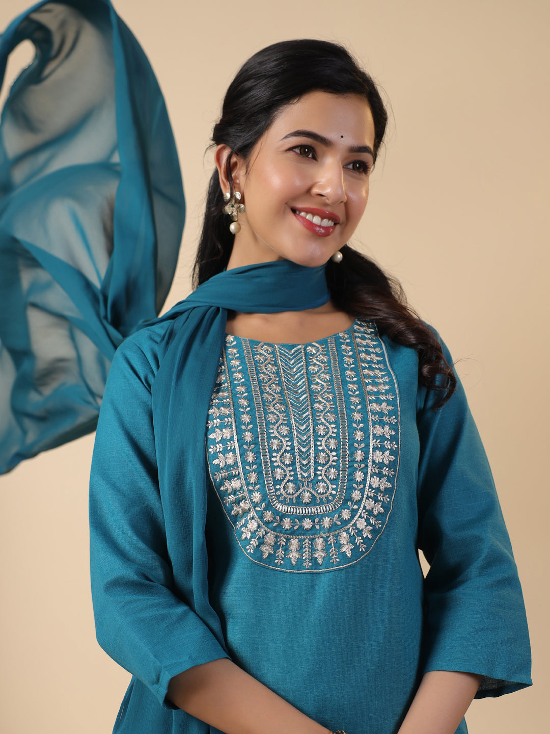 Teal Blue Cotton Blend Yoke Embroidery Straight Kurta Set
