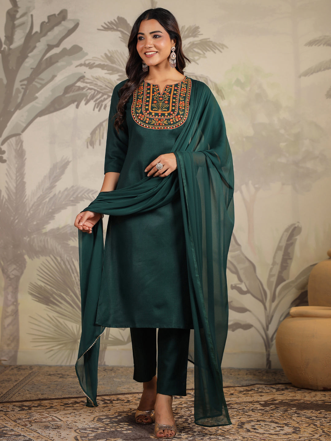 Dark Green Cotton Blend Yoke Embroidered Straight Kurta Set