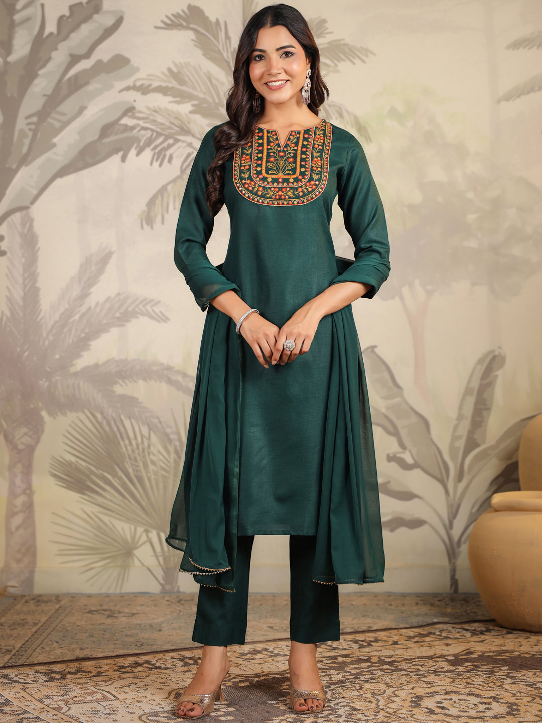 Dark Green Cotton Blend Yoke Embroidered Straight Kurta Set