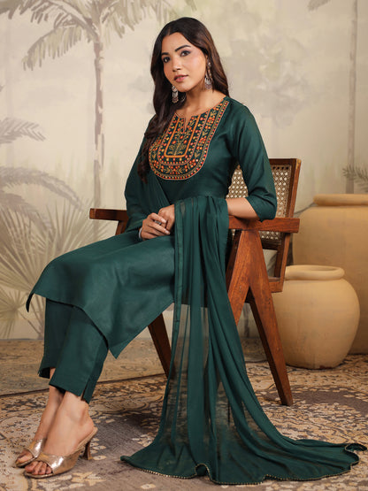 Dark Green Cotton Blend Yoke Embroidered Straight Kurta Set