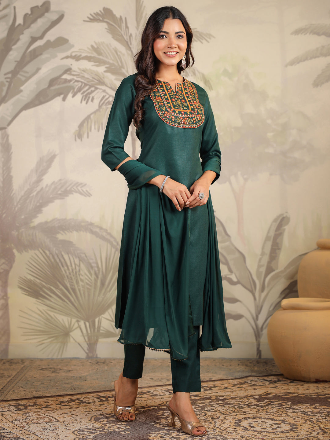 Dark Green Cotton Blend Yoke Embroidered Straight Kurta Set