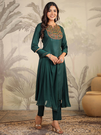 Dark Green Cotton Blend Yoke Embroidered Straight Kurta Set