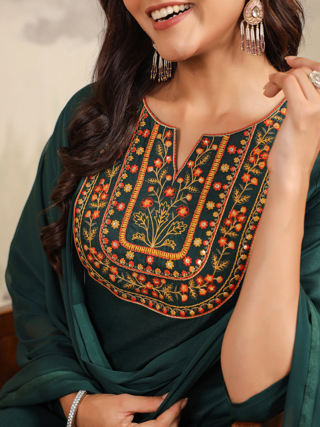 Dark Green Cotton Blend Yoke Embroidered Straight Kurta Set