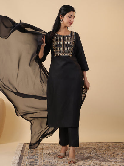 Black Cotton Blend Yoke Embroidery Straight Kurta Set
