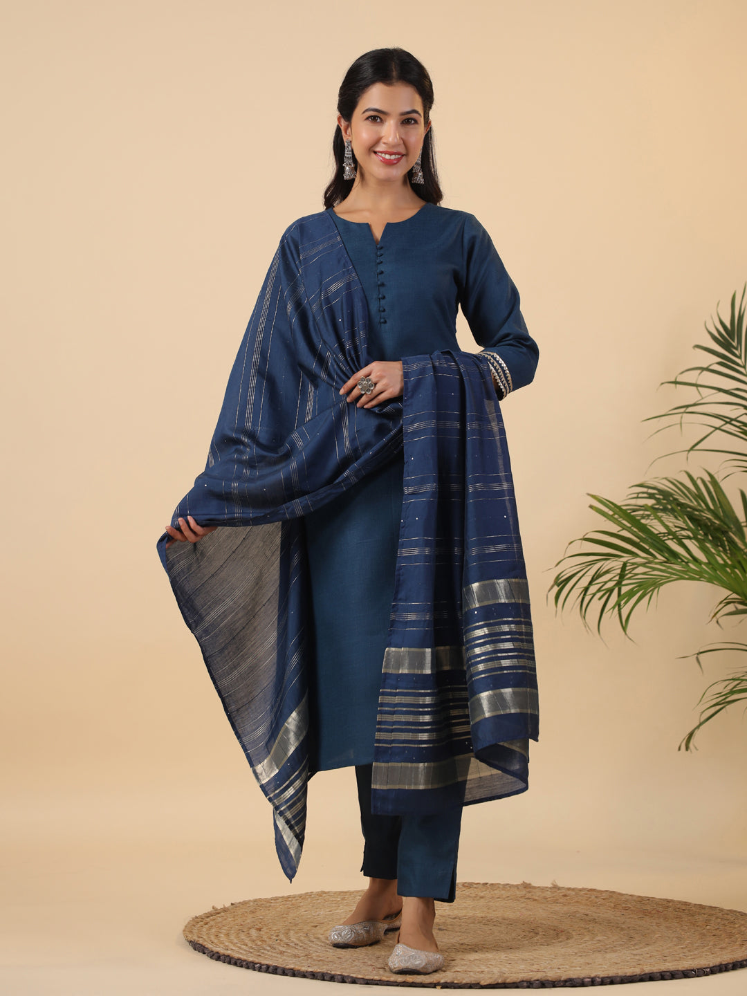 Teal Blue Cotton Blend Solid Straight Kurta Set