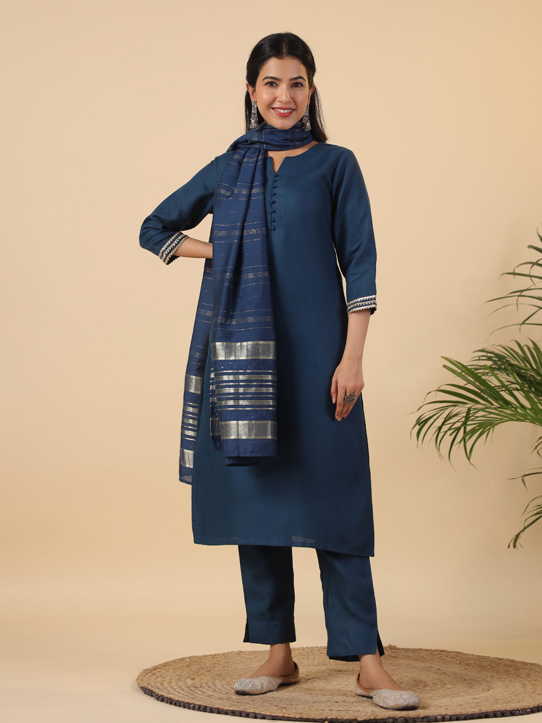 Teal Blue Cotton Blend Solid Straight Kurta Set