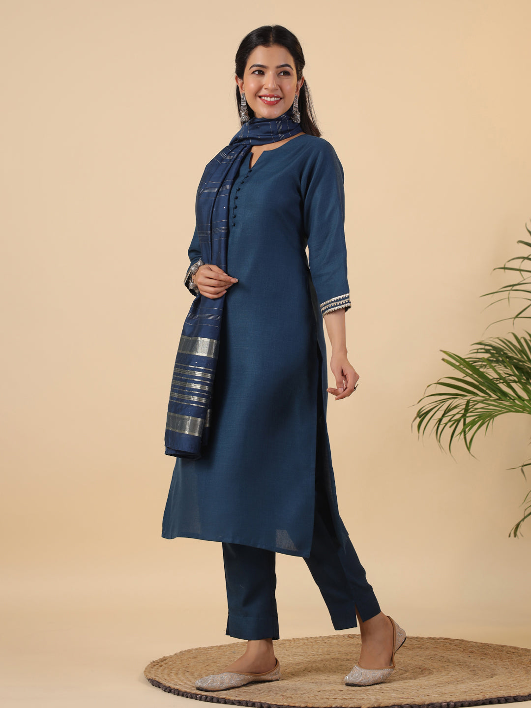 Teal Blue Cotton Blend Solid Straight Kurta Set